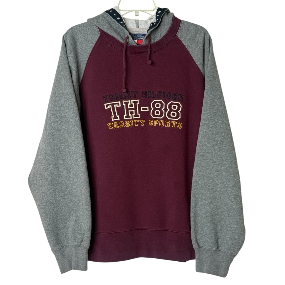 Vintage Tommy‎ Hilfigeer Maroon Gray Hoodie Embroidered TH-88 Men's XXL